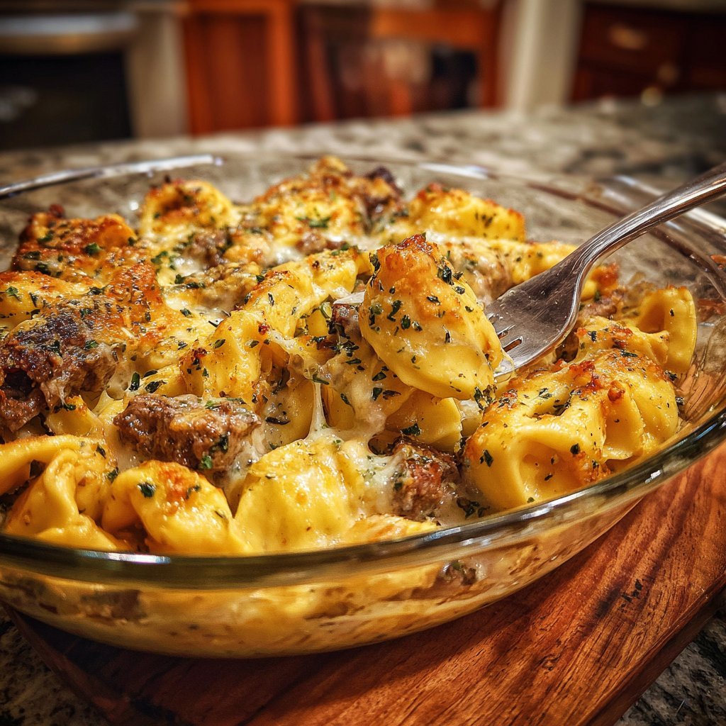 Garlic Butter Steak Tortellini Bake